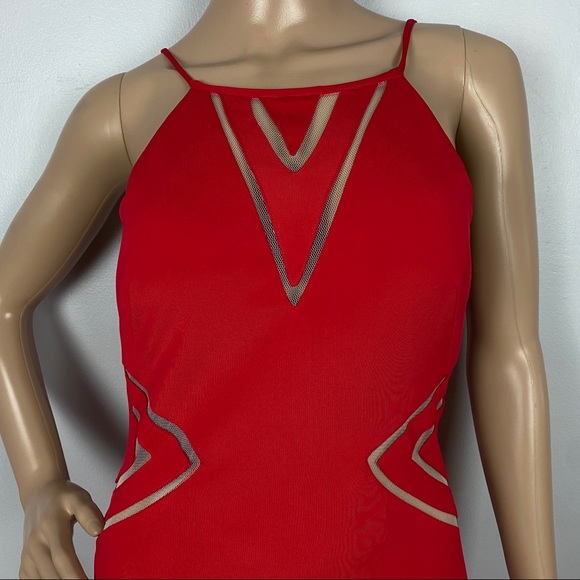 AIDAN MATTOX RED MESH INSET MAXI GOWN - Picture 4 of 13